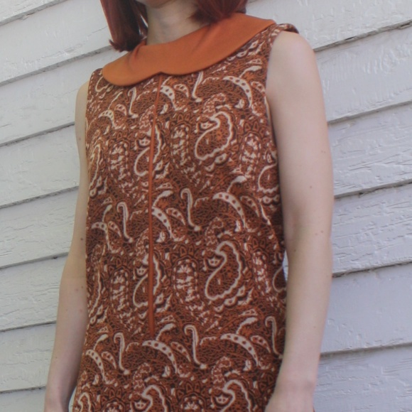 60s Mod Print Dress Rust Spice S Vintage Mary Dobb - Picture 4 of 7